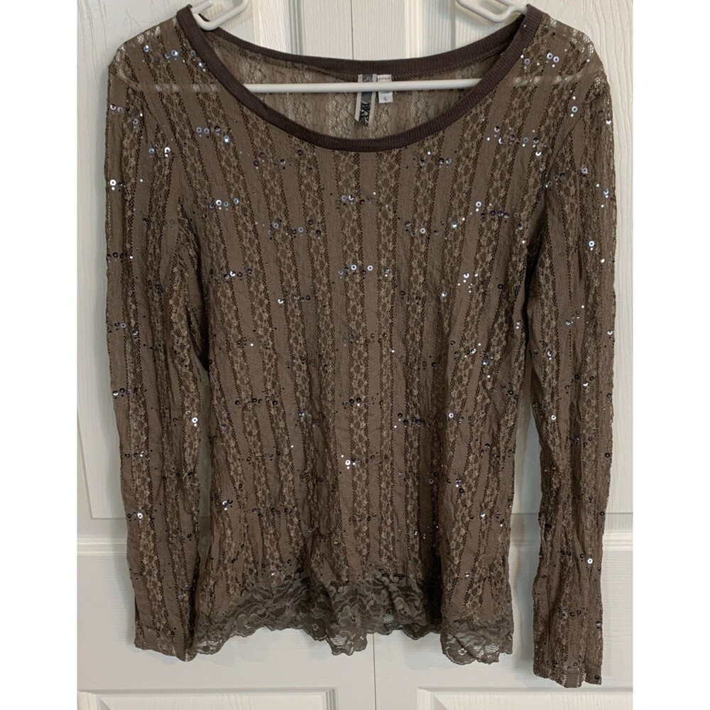 BKE Buckle Burnout Sequin Lace Top Shirt Womens L Taupe Y2K Sheer